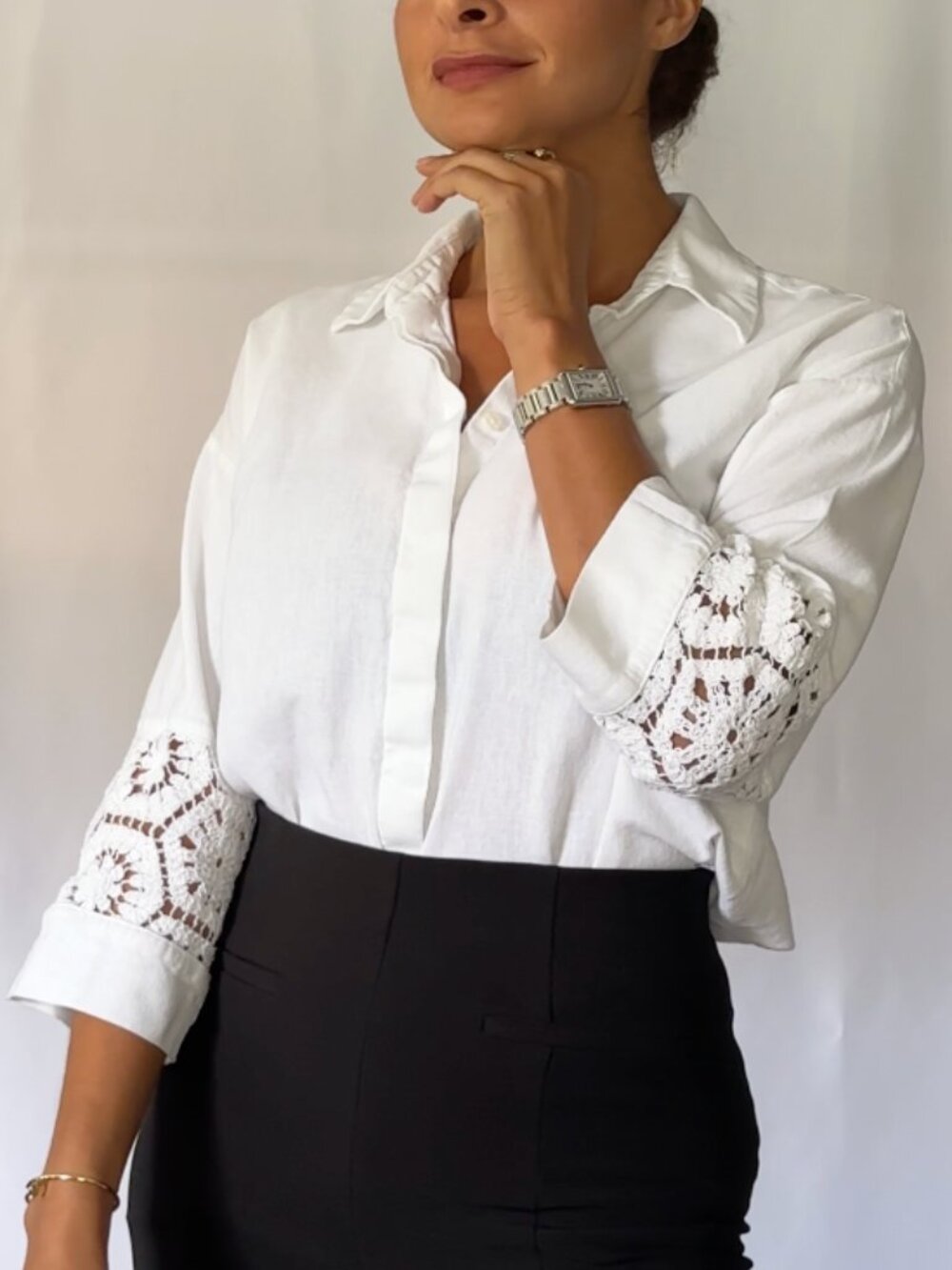 LC Waikiki White Linen Shirt Lace Sleeve Panels Button Front Viscose Blend Size